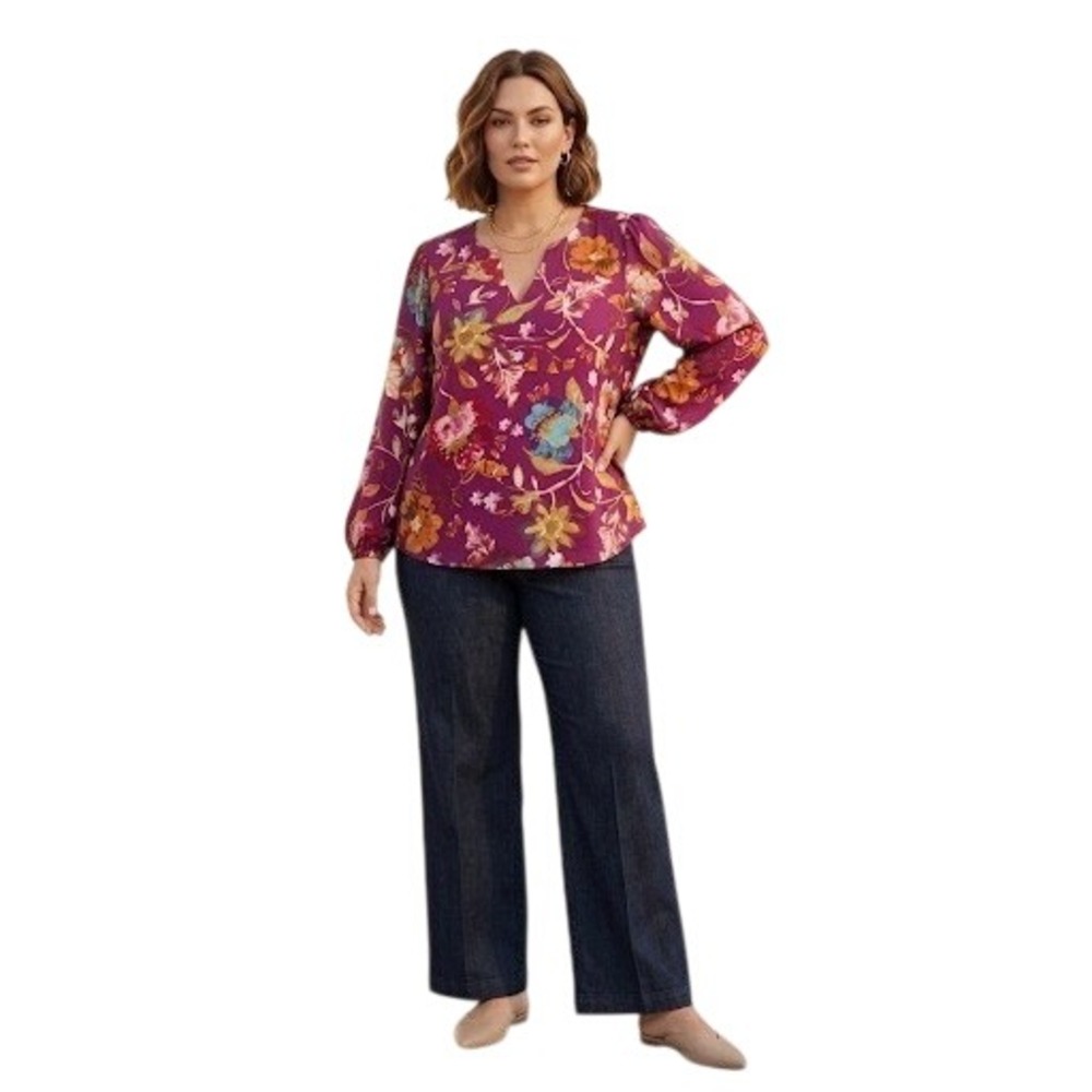 Belle by Kim Gravel Boho Floral V-Neck Blouse Magenta Long Sleeve Top A654087